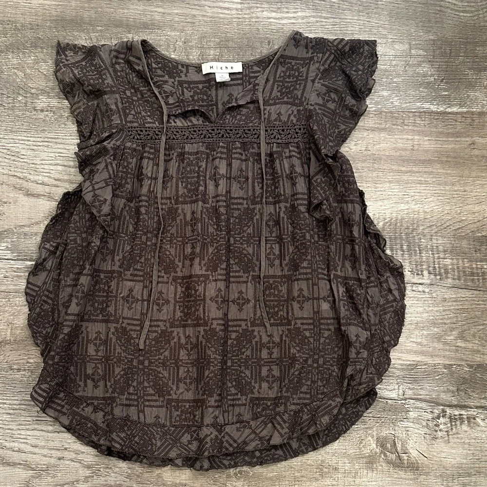 Hiche Medium Women's Brown Patterned Cotton Silk Blend Top